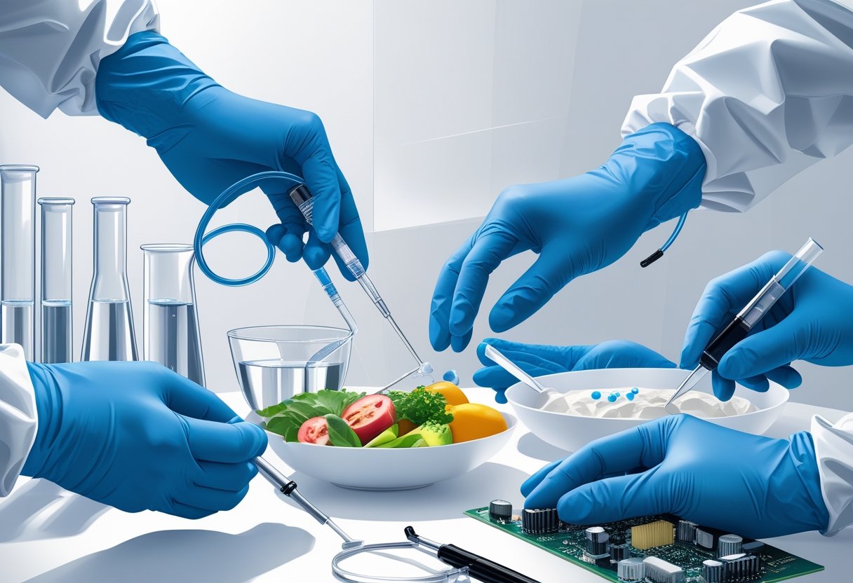 Affordable Nitrile Gloves Essential Uses, Benefits, And Safety Insights Hands wearing blue nitrile gloves performing laboratory work, medical examination, food preparation, and electronic repair.